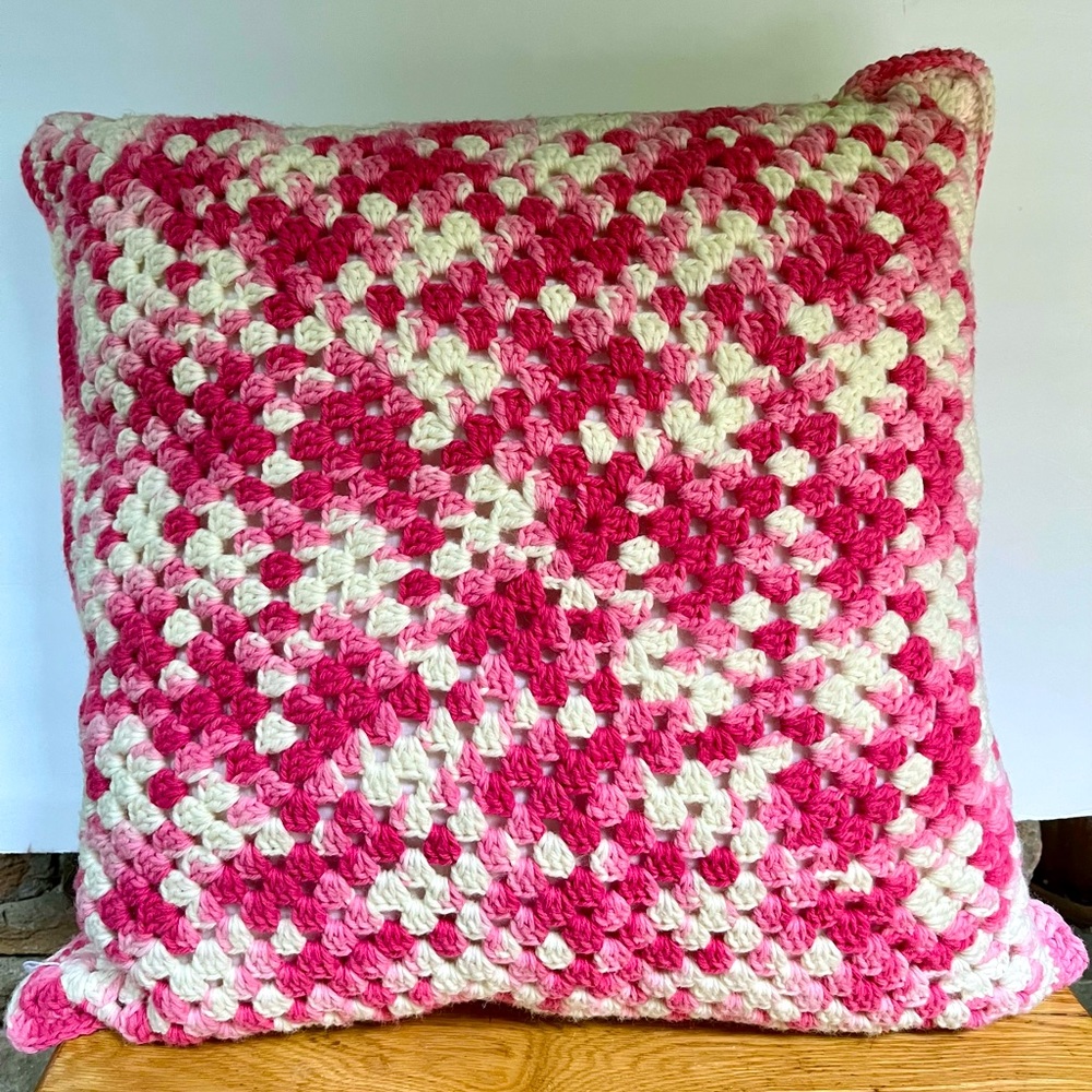 Handcrafted Crochet Pink Pillow Cottage Dorm Decor Granny Square Stitch Yarn
